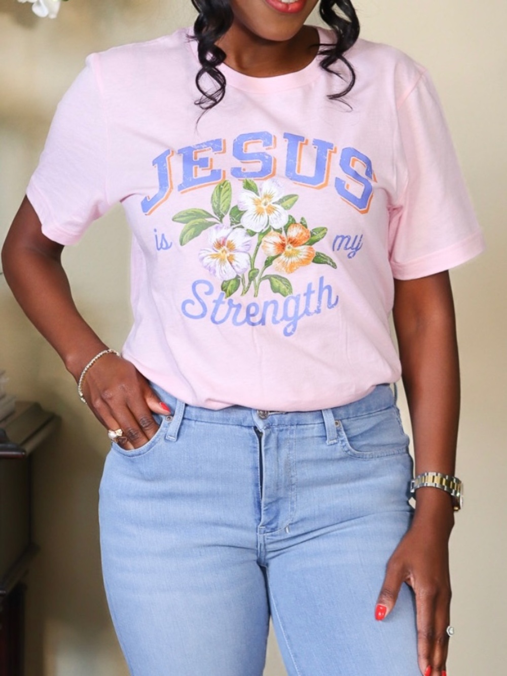 PINK CREW NECK T-SHIRT WITH "JESUS IS MY STRENGTH" GRAPHIC - NWOT - Picture 12 of 13